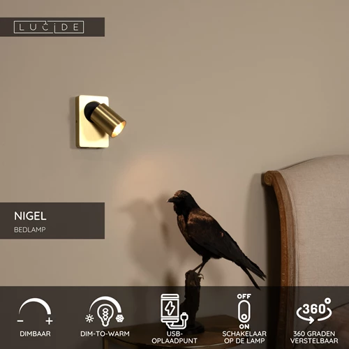 Lucide NIGEL - Bedlamp / Wandlamp - LED Dim to warm - GU10 - 1x5W 2200K/3000K - Met USB oplaadpunt - Mat Goud / Messing - USP